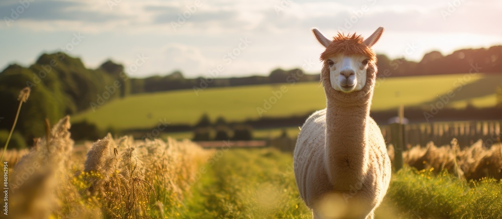 Aufkleber A llama elegantly positioned in a farm field in England surrounded by abundant tall grass. with copy space image. Place for adding text or design