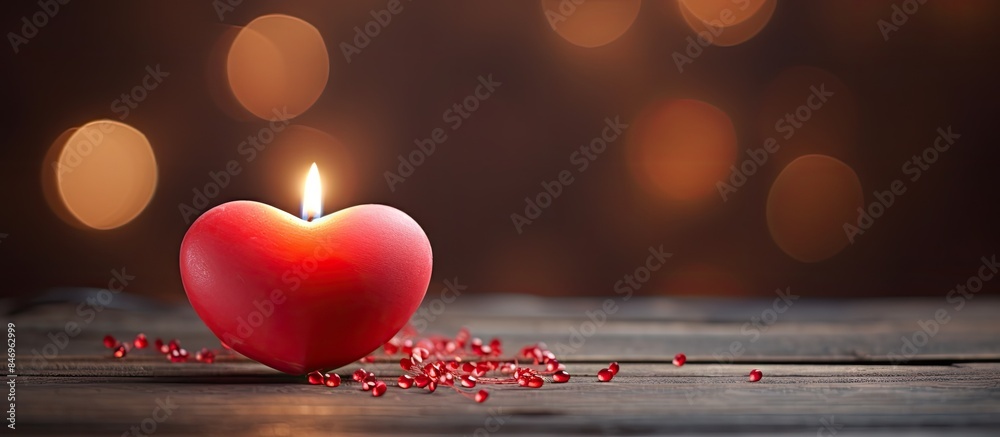 Poster A heart-shaped candle in red placed on a wooden table, symbolizing Valentine's Day. with copy space image. Place for adding text or design