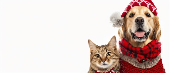 Festive Dog and Cat in Holiday Outfits on White Background for Custom Text | Merry Christmas Pets Dressed Up for Copy Space Marketing