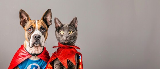 Dynamic Duo: Dog and Cat Superheroes in Costume on Neutral Background for Text Overlay