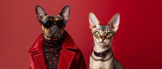 Fashionable Dog and Cat Duo Posing in Trendy Outfits for Branding Space