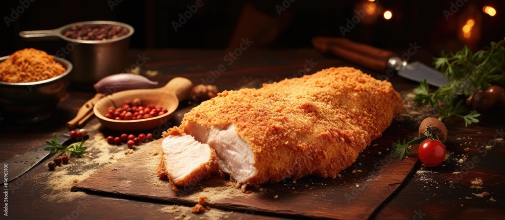 Poster homemade chicken leg meat schnitzel being prepared with breadcrumbs on a cutting board. with copy sp