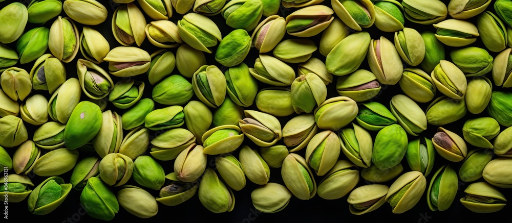 Poster close-up view of a pile of green pistachio nuts as a food background. with copy space image. place f