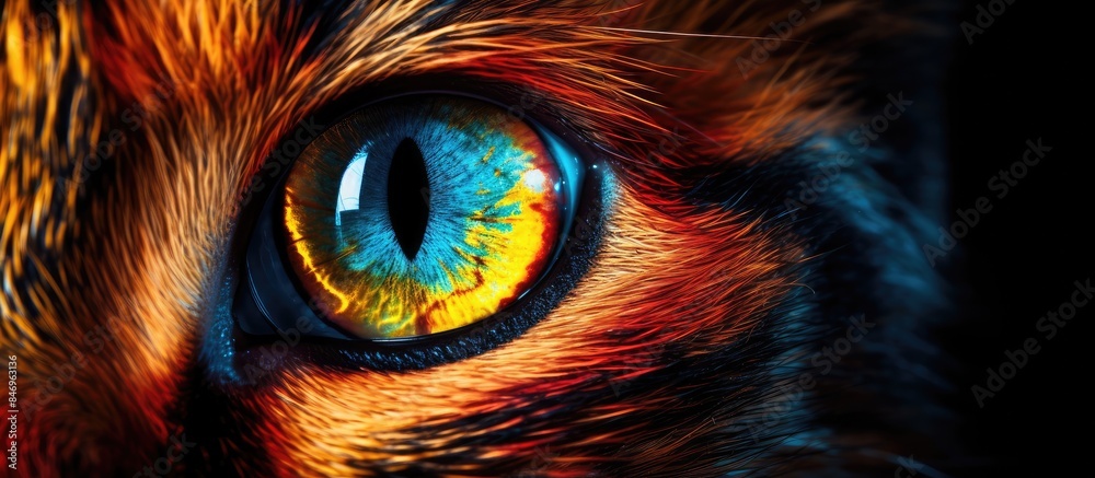 Poster A detailed view of a cat's eye showing a vibrant yellow iris, capturing the beauty of multi-colored cat eyes in a natural setting. with copy space image. Place for adding text or design