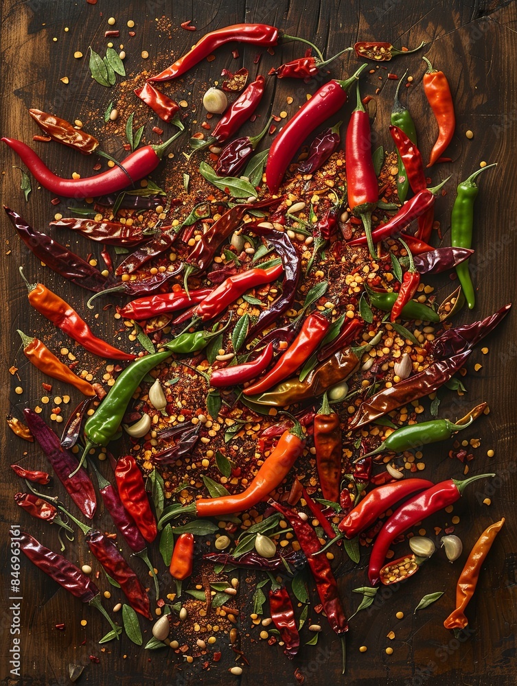 Poster a variety of fresh and dried chili peppers are scattered on a rustic wooden surface, creating a vibr