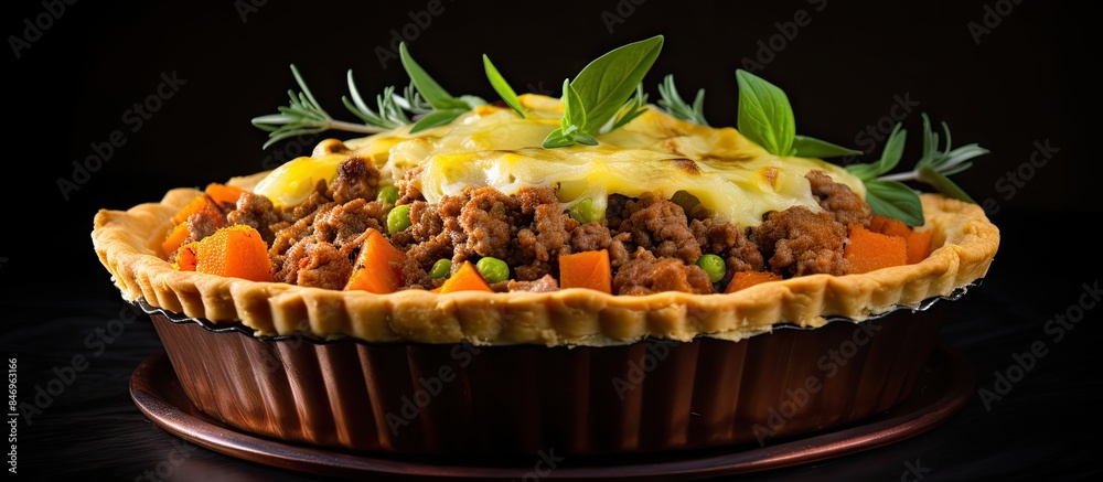 Leinwandbilder delicious sweet potato pie filled with beef mince meat and assorted vegetables, presented on a table