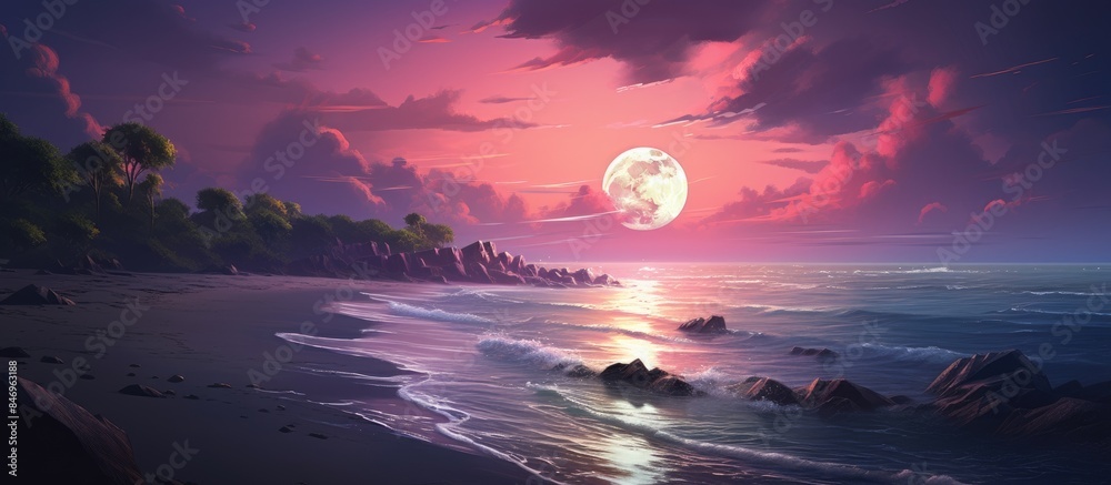 Poster Purple hues fill the sky as the sun sets over a tranquil beach with gentle waves lapping the shore. with copy space image. Place for adding text or design
