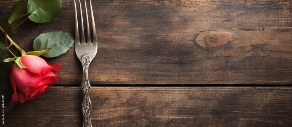 Poster vintage silverware fork, knife, rose on old wooden surface with rough cloth background. with copy sp
