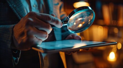 Detective Analyzing Data on Tablet with Magnifying Glass in Dimly Lit Room
