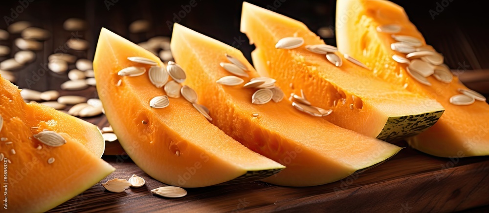 Poster Various slices of melon with seeds and skin displayed on a wooden countertop. with copy space image. Place for adding text or design