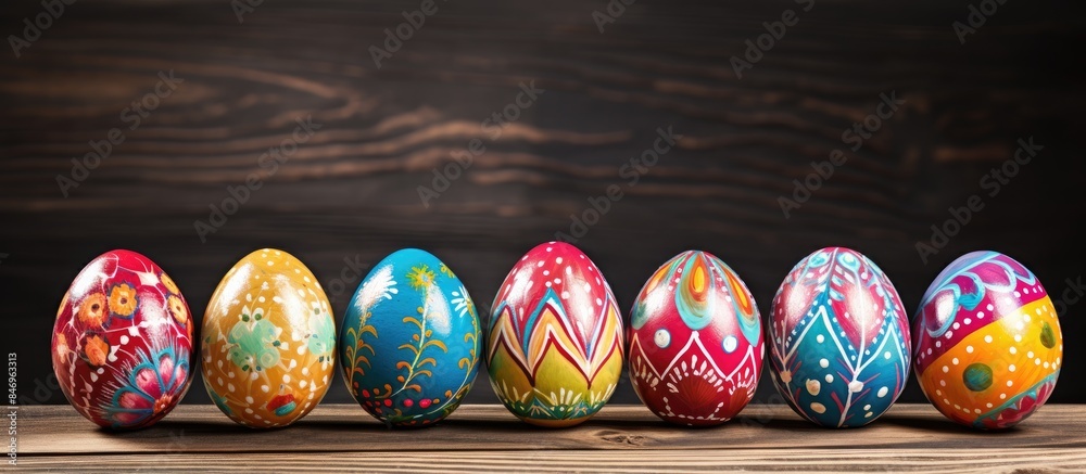 Poster Colorful Easter eggs lined up in a row on a wooden surface, creating a vibrant and festive display for the holiday season. with copy space image. Place for adding text or design