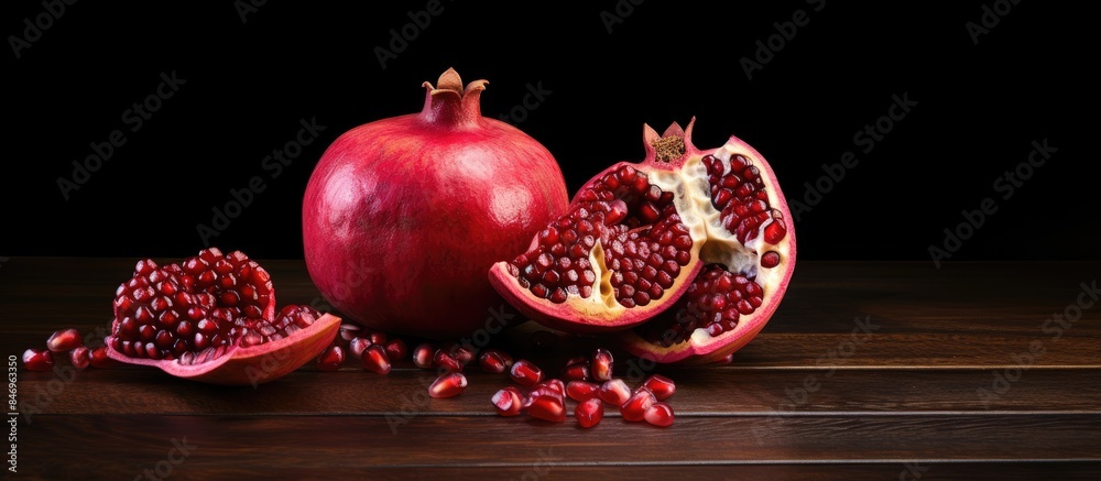 Fototapete ripe pomegranates, some sliced and some whole, displayed on a wooden table. with copy space image. p