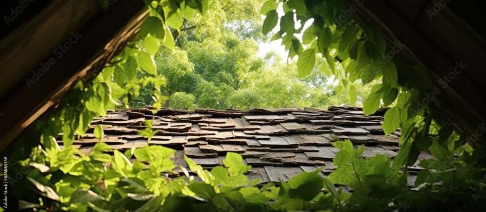 Poster Wooden shingled roof of an old house peeking through tree foliage, with attic window visible. with copy space image. Place for adding text or design