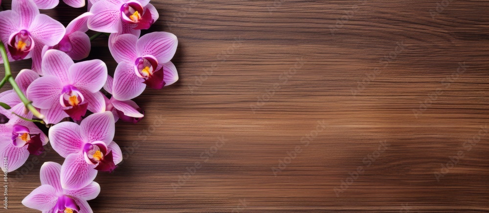 Aufkleber Single orchid bloom placed on a rustic wooden surface. with copy space image. Place for adding text or design