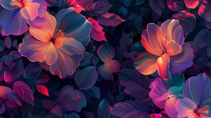 Abstract neon flowers on dark background
