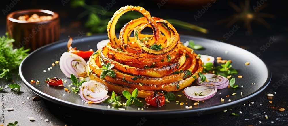 Poster barbecue vegetables, including onion rings and herbs, displayed on a modern plate as a side dish. wi