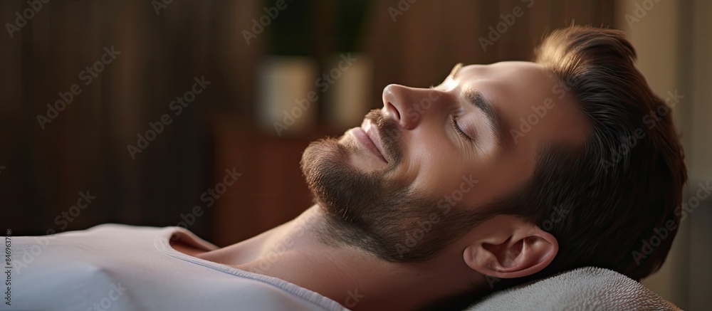 Poster Serene and relaxed man laying on couch enjoying facial massage or acupressure in a professional spa. with copy space image. Place for adding text or design