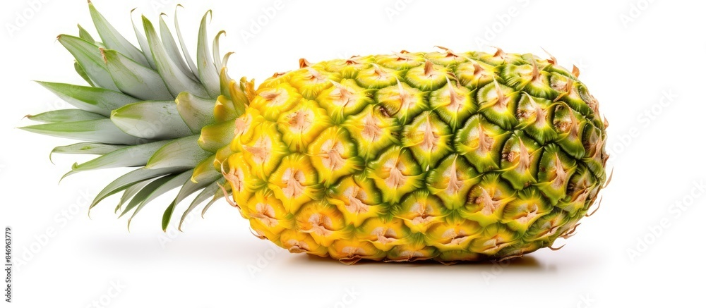 Poster fresh pineapple fruit from a tropical location, featuring a vibrant green leaf on white background. 