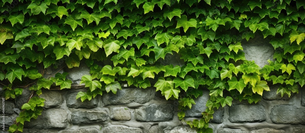 Aufkleber lush green leaves cascade over a stone wall creating a vibrant natural display. with copy space imag