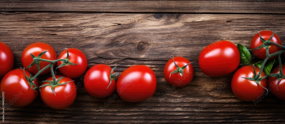 Aufkleber plum tomatoes displayed on a textured wooden background in a rustic setting, showcasing their natura