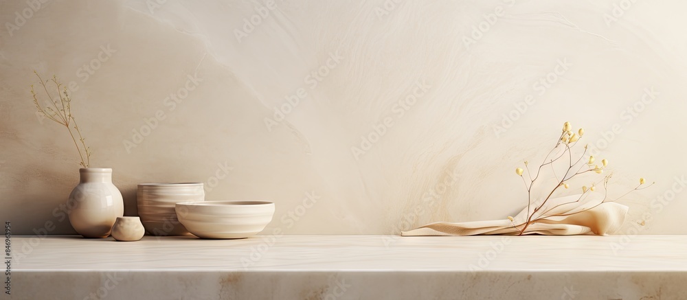 Poster Sandstone, cream-colored marble, and ceramic vases alongside a bowl displayed on a flat surface. with copy space image. Place for adding text or design
