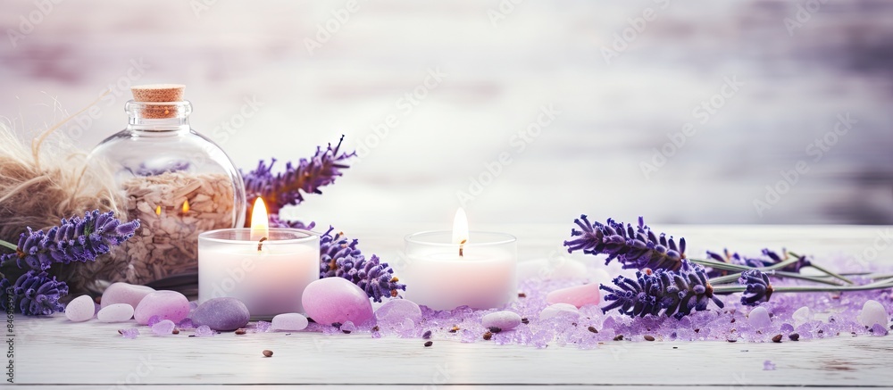 Poster a calming spa and wellness scene featuring fragrant lavender flowers displayed with flickering candl