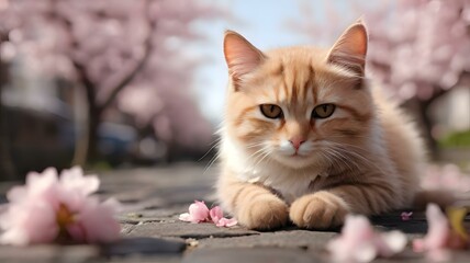 Obraz premium 猫と桜/茶猫