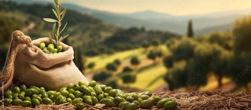 Aufkleber A close-up of a bag of olives with a tree in the background, pouring fresh olives on a plantation. with copy space image. Place for adding text or design