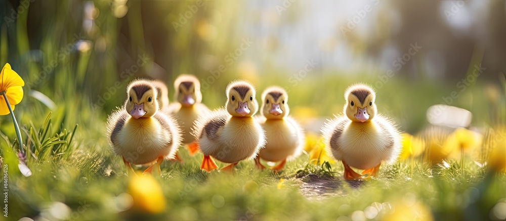 Aufkleber Four cute ducklings stroll in a row through the lush green grass on a sunny day, displaying their adorable charm. with copy space image. Place for adding text or design