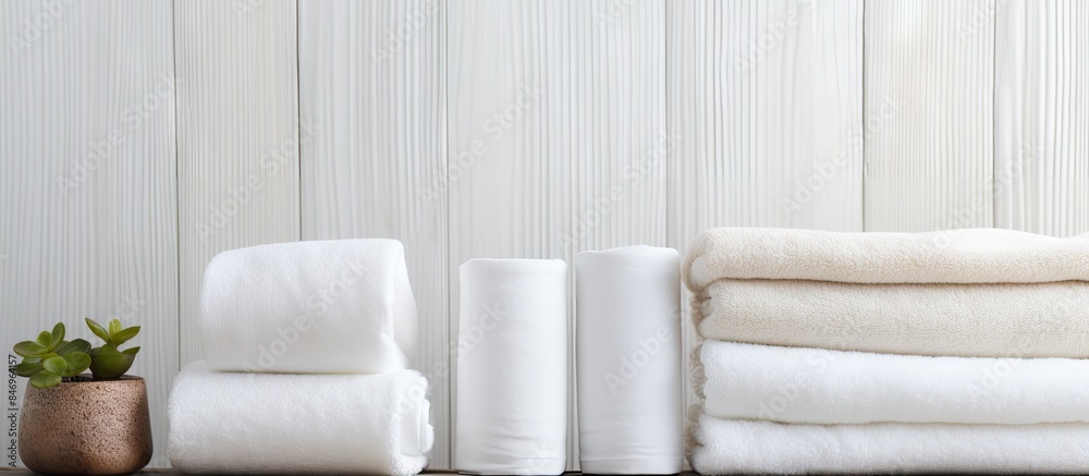 Poster Stacked towels on a shelf beside a potted plant, creating a neat and organized display. with copy space image. Place for adding text or design