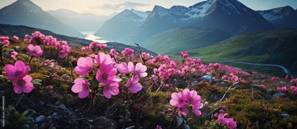Aufkleber Pink flowers that flourish in elevated terrains add beauty to a backdrop of mountain ranges with a distant lake. with copy space image. Place for adding text or design