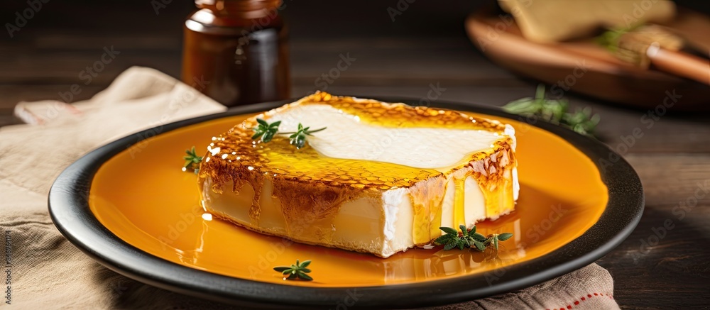 Poster plate holding bread topped with sauce beside catalan mato cheese and honey, a traditional spanish di
