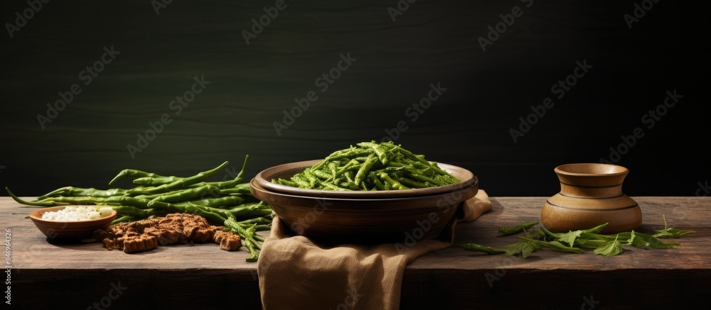 Fototapete Two bowls, one filled with green beans and another with mustard, displayed on a rustic wooden table. Also, a raw zha cai Sichuan vegetable. with copy space image. Place for adding text or design