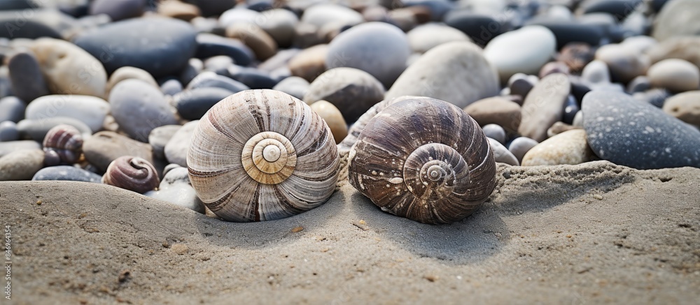 Fototapete Spiral seashells of gastropod fossils found in rocky soil on a beach shoreline. with copy space image. Place for adding text or design