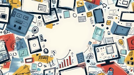 Centralized Digital Devices with Analytical Dashboard Icons on a Doodle Style Decorative Background