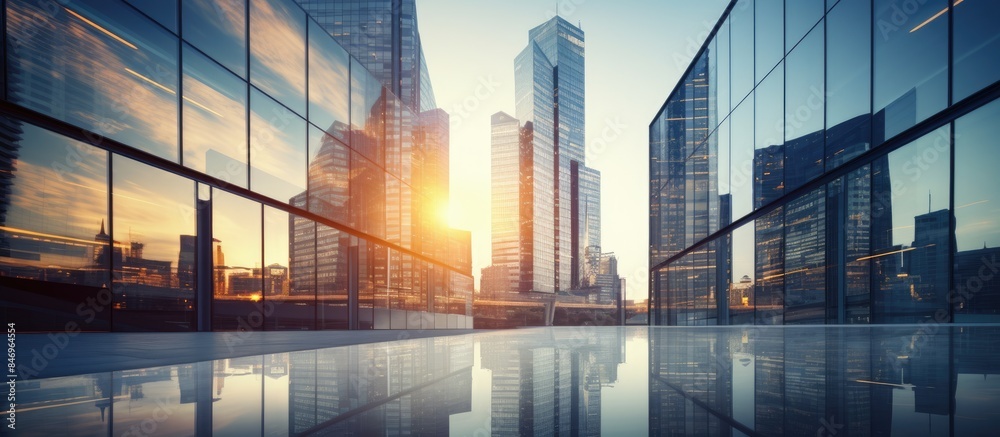 Poster urban landscape showcasing tall modern buildings reflecting the sun, representing progress and compe