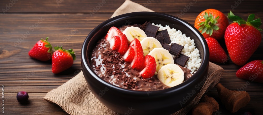 Fototapete rich chocolate pudding in a bowl topped with fresh strawberries and decadent chocolate pieces. with 