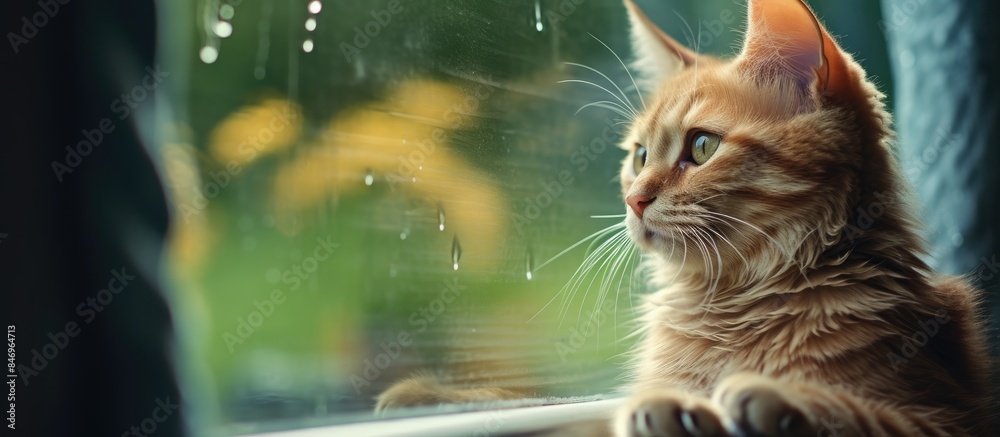 Poster The cat is seen staring out of the window before settling to groom itself, demonstrating care and comfort within the home setting. with copy space image. Place for adding text or design