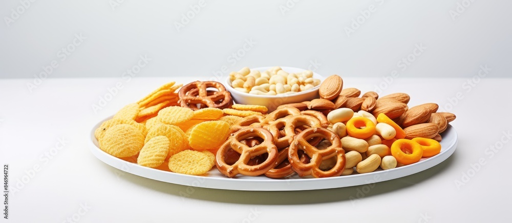 Aufkleber Assortment of savory snacks and nuts placed on a table. with copy space image. Place for adding text or design