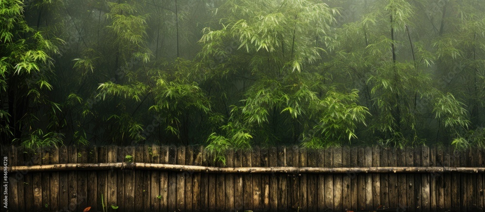 Poster an aged bamboo fence seen post-rain, featuring a flourishing bamboo plant on top. with copy space im