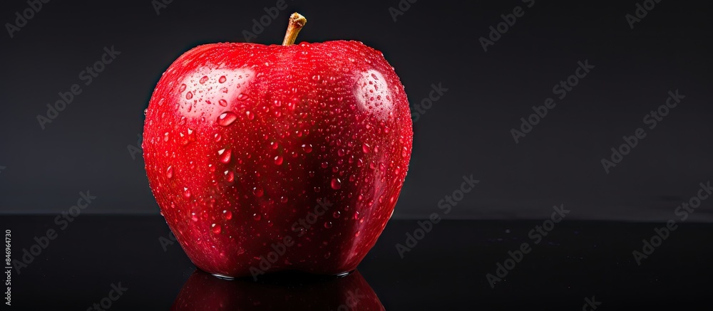 Poster Red apple glistens with water droplets on a black backdrop. with copy space image. Place for adding text or design