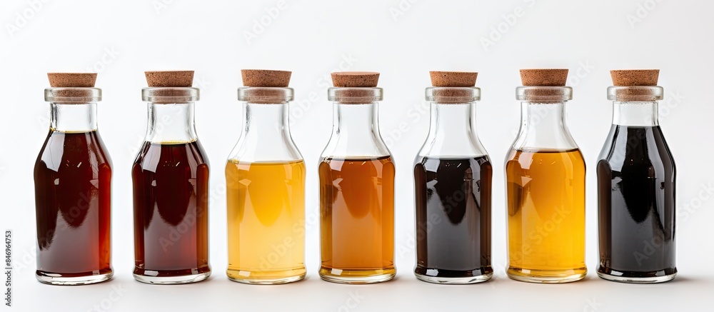 Poster Assorted mini bottles filled with flavored coffee syrups arranged on a clean white background. with copy space image. Place for adding text or design