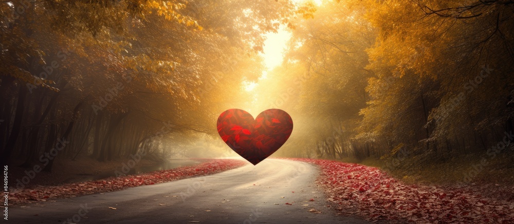 Aufkleber Heart-shaped tree trunk beautifully stands amidst the greenery of the forest path, creating a captivating scene. with copy space image. Place for adding text or design