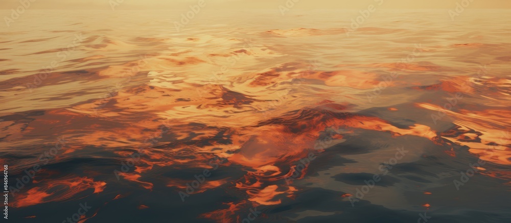 Poster Close-up view of a body of water with orange tint and oil stain in a dirty sea. with copy space image. Place for adding text or design