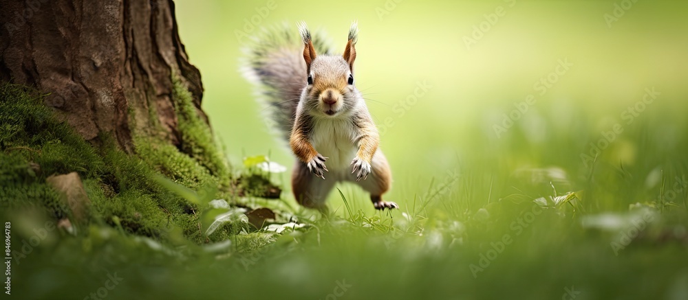 Aufkleber A cute squirrel stands upright on its hind legs in a lush green park environment, displaying its natural behavior. with copy space image. Place for adding text or design