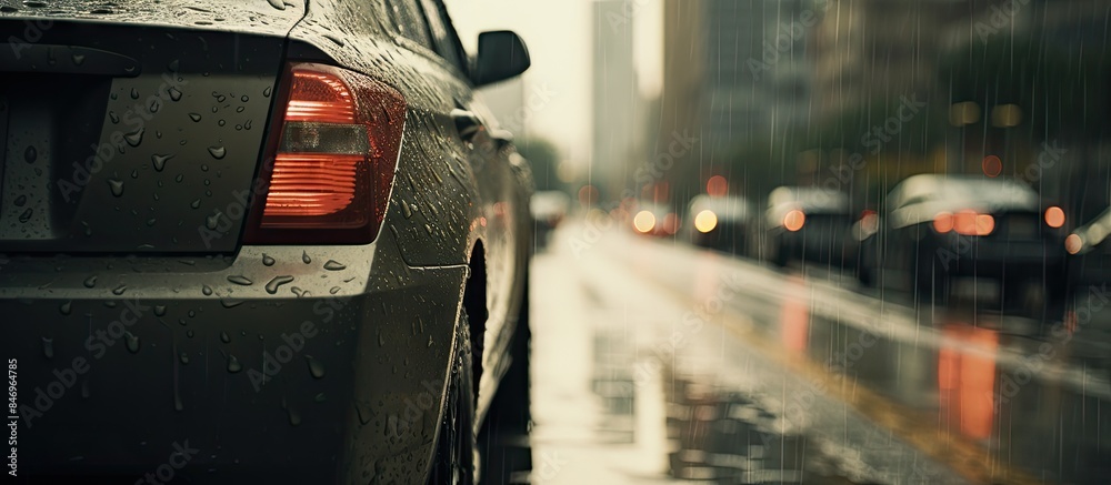 Poster Vehicles navigate a wet city road during a rainy day, captured from the level of the dividing line. with copy space image. Place for adding text or design