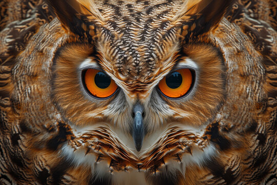owl facing straight at camera, symmetrical composition