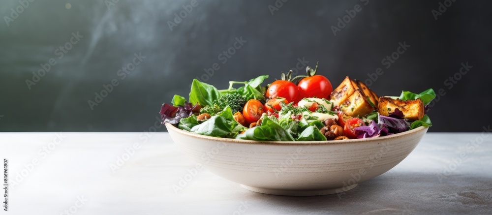 Poster Buddha bowl for vegetarians, filled with tofu and assorted fresh vegetables on a stylish marble table. with copy space image. Place for adding text or design