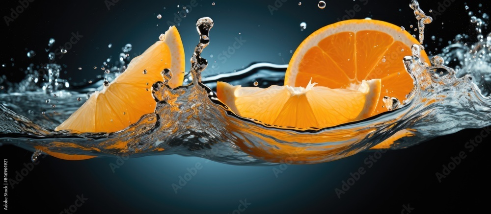 Fototapete Juicy orange slice submerged in a stream of clear water surrounded by bubbles and movement. with copy space image. Place for adding text or design