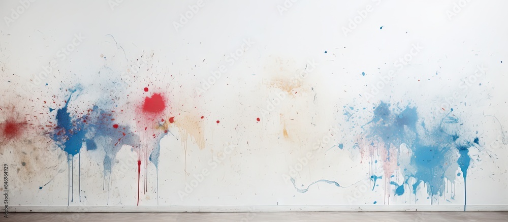 Aufkleber Splashes and streaks of paint create colorful stains on a clean white wall, adding a vibrant touch. with copy space image. Place for adding text or design